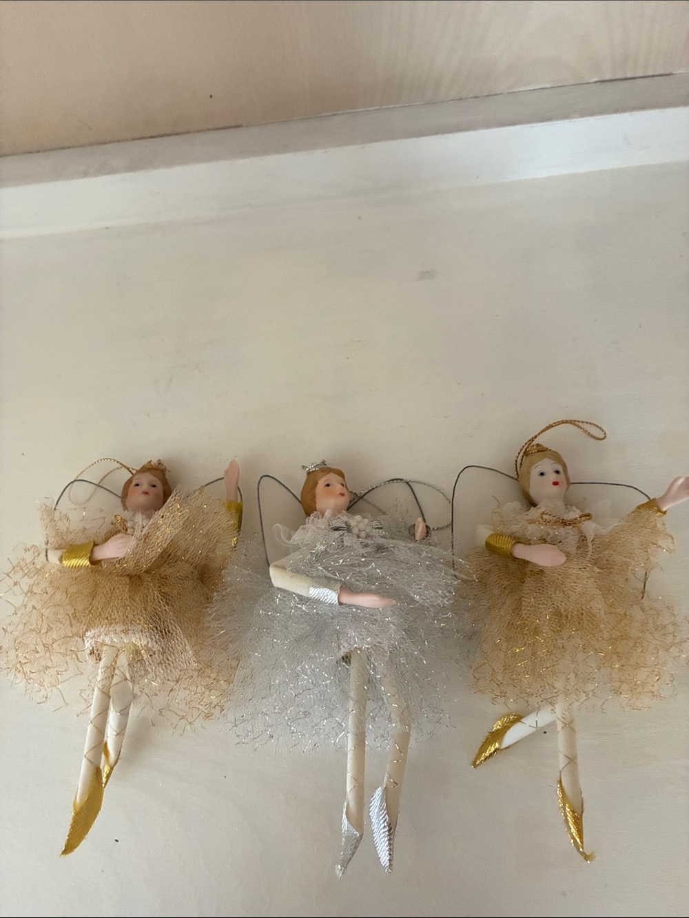 Vintage Set of 3 ballerina pixie ornaments frilly ceramic fabric 6”